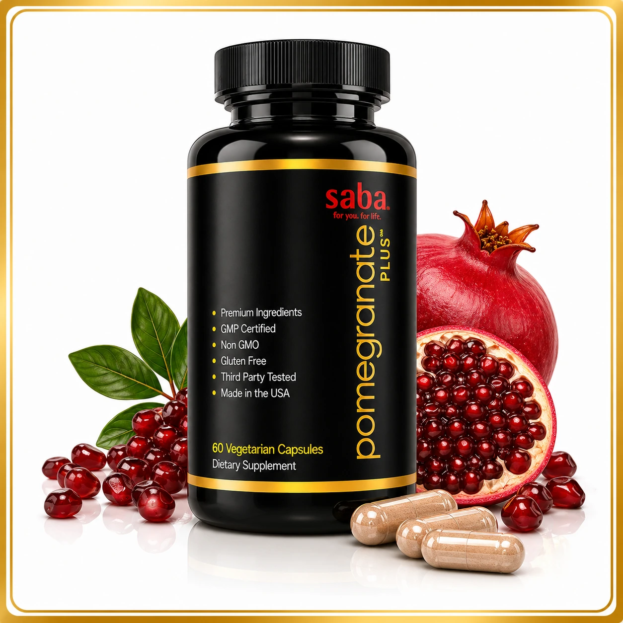 Saba Pomegranate Plus&trade; official product bottle with pomegranate fruit